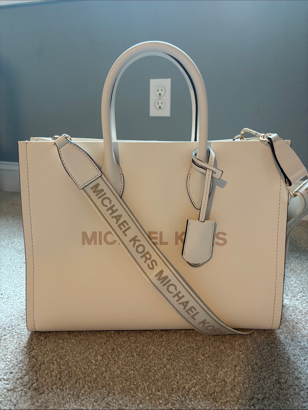 Michael Kors Mirella Medium Light Cream Leather Tote With Logo Strap
